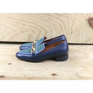 Tory Burch Loafers Women 7 M Blue Leather Green Rhinestone Jessa Horse Bit Flats